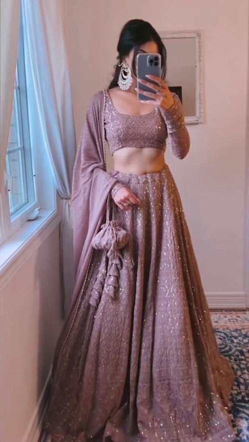 Light Purple Georgette Lehenga Choli With Embroidery Sequence Work And Georgette Dupatta For Women , Bridesmaid Lehenga