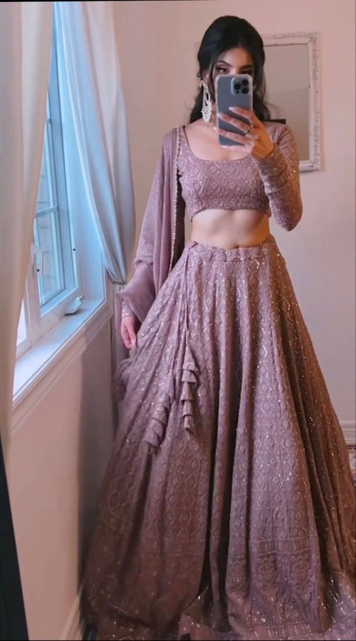 Light Purple Georgette Lehenga Choli With Embroidery Sequence Work And Georgette Dupatta For Women , Bridesmaid Lehenga