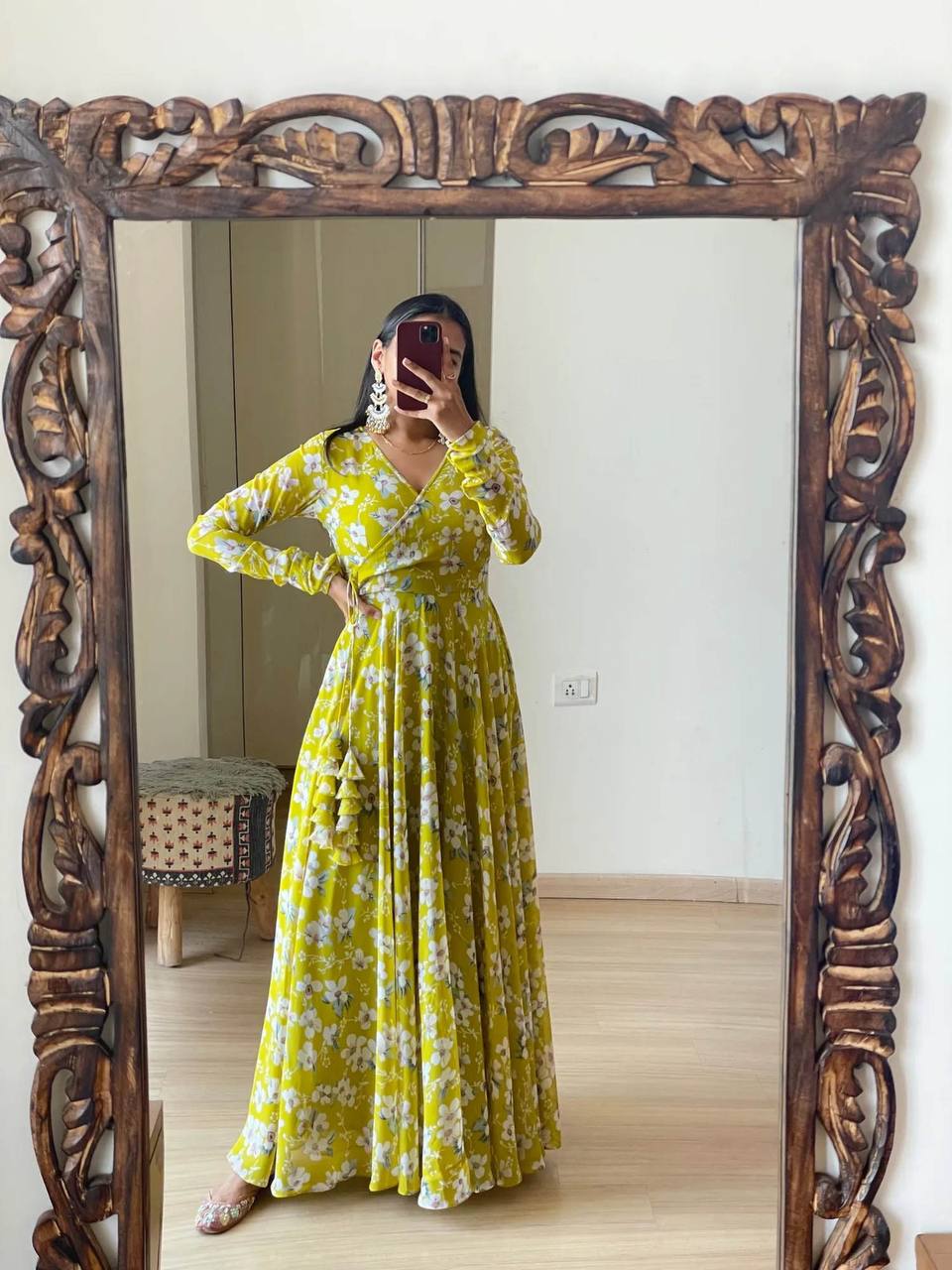 Beautiful Women Georgette Floral Printed V-Neck Anarkali Gown Dress For Girls & Women