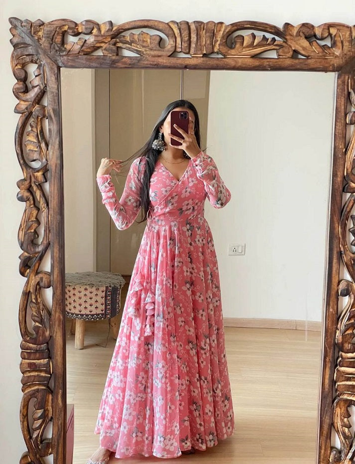 Beautiful Women Georgette Floral Printed V-Neck Anarkali Gown Dress For Girls & Women