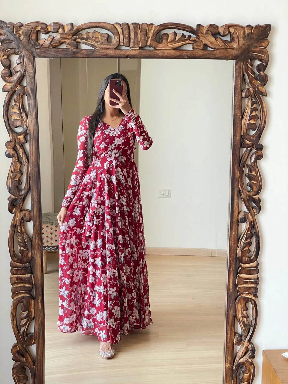 Beautiful Women Georgette Floral Printed V-Neck Anarkali Gown Dress For Girls & Women