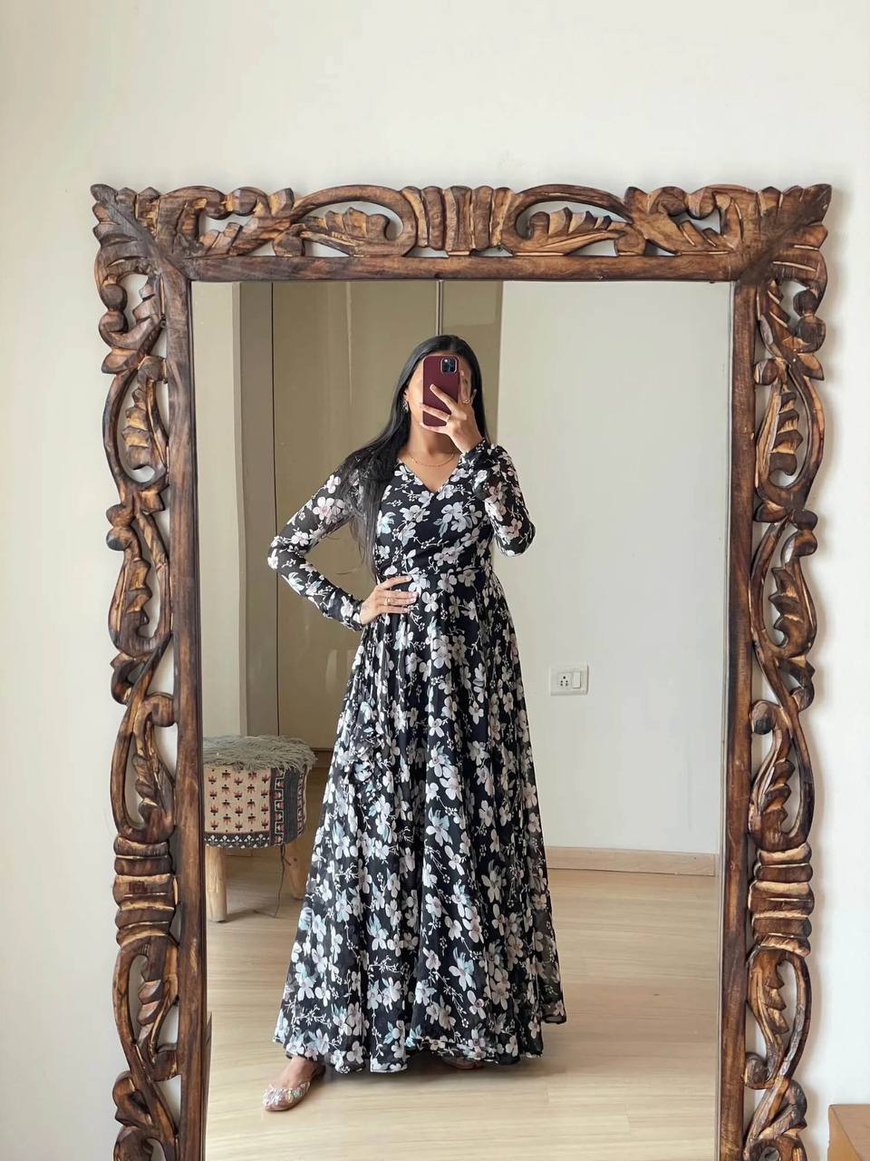 Beautiful Women Georgette Floral Printed V-Neck Anarkali Gown Dress For Girls & Women