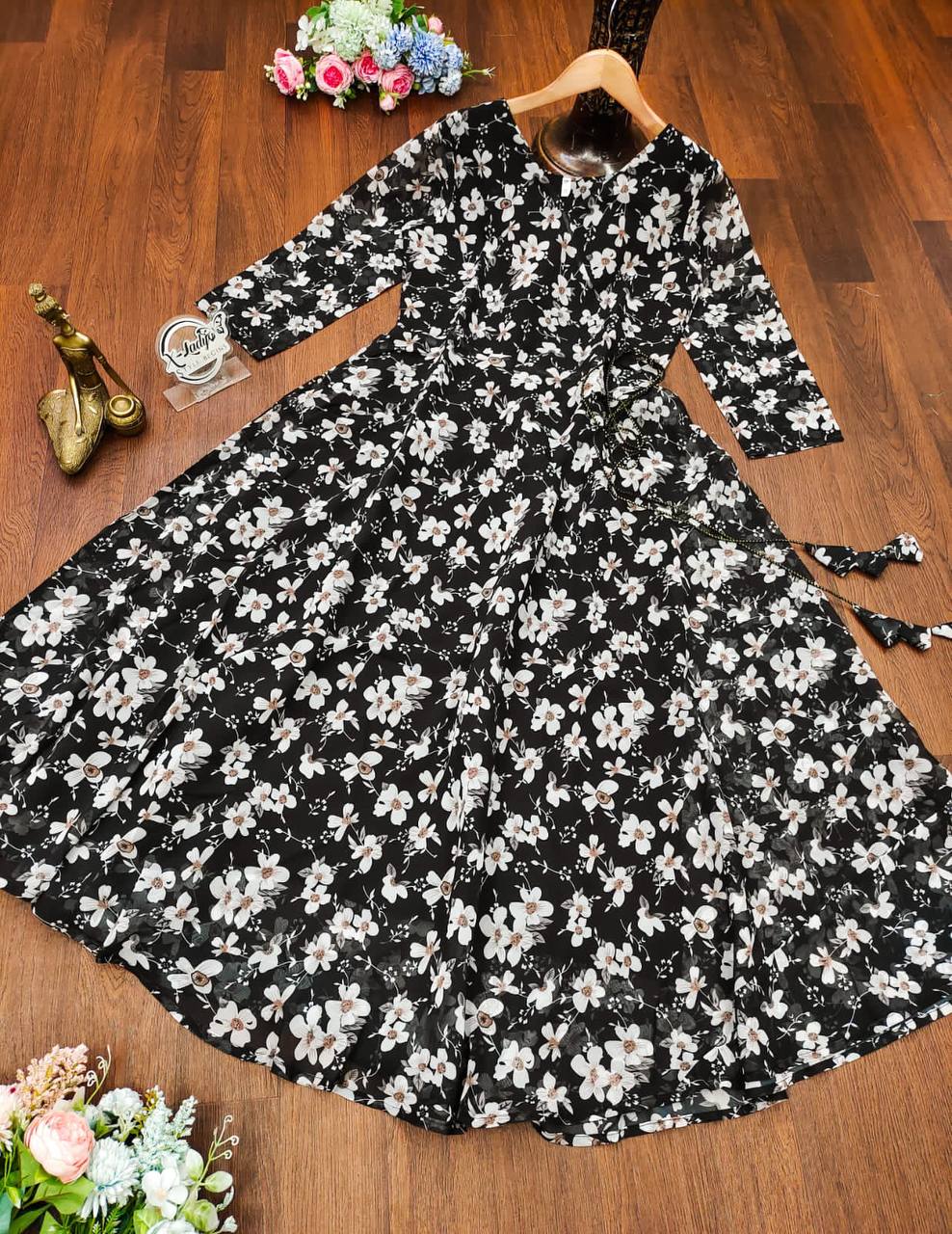 Beautiful Women Georgette Floral Printed V-Neck Anarkali Gown Dress For Girls & Women