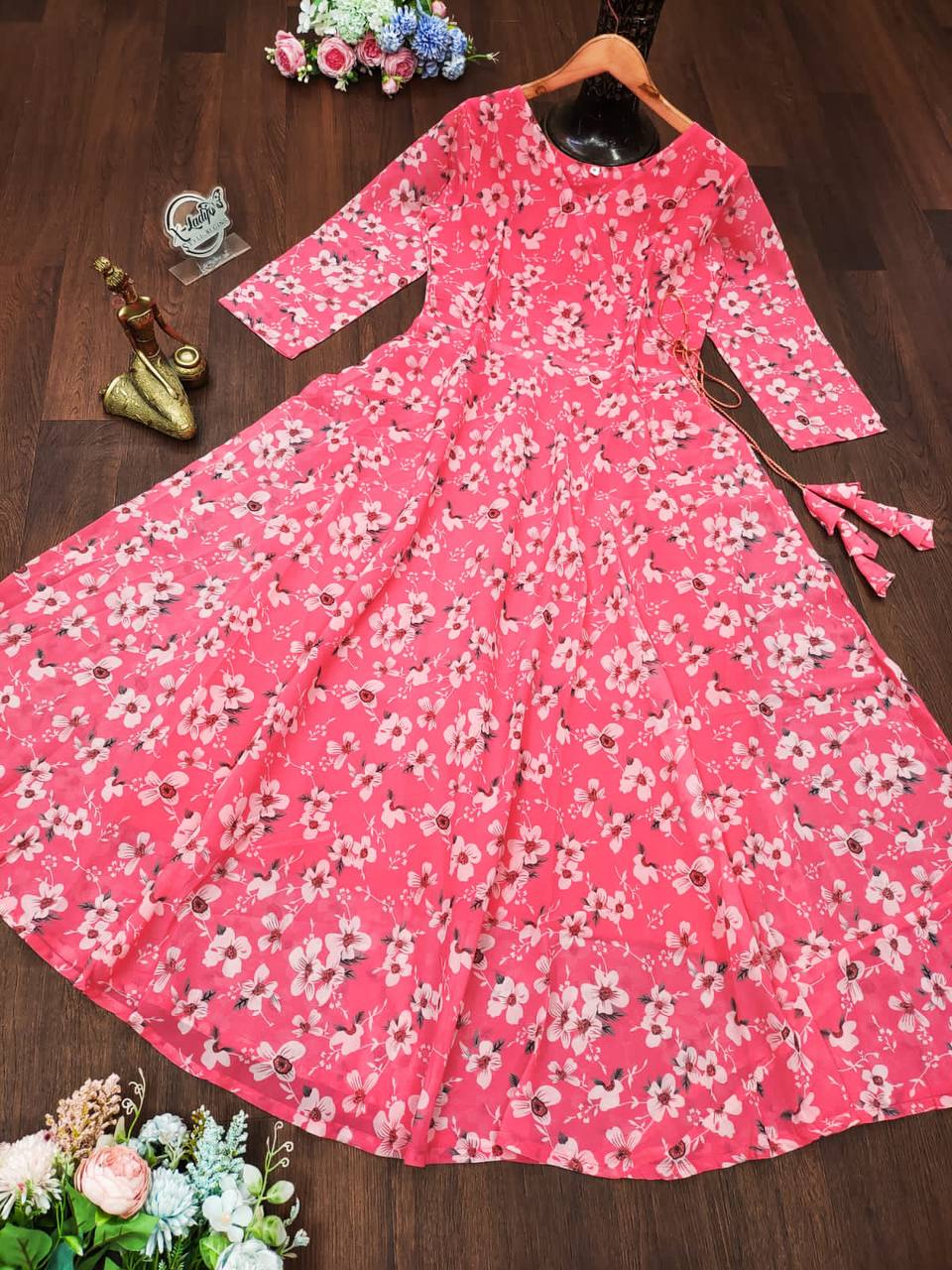 Beautiful Women Georgette Floral Printed V-Neck Anarkali Gown Dress For Girls & Women