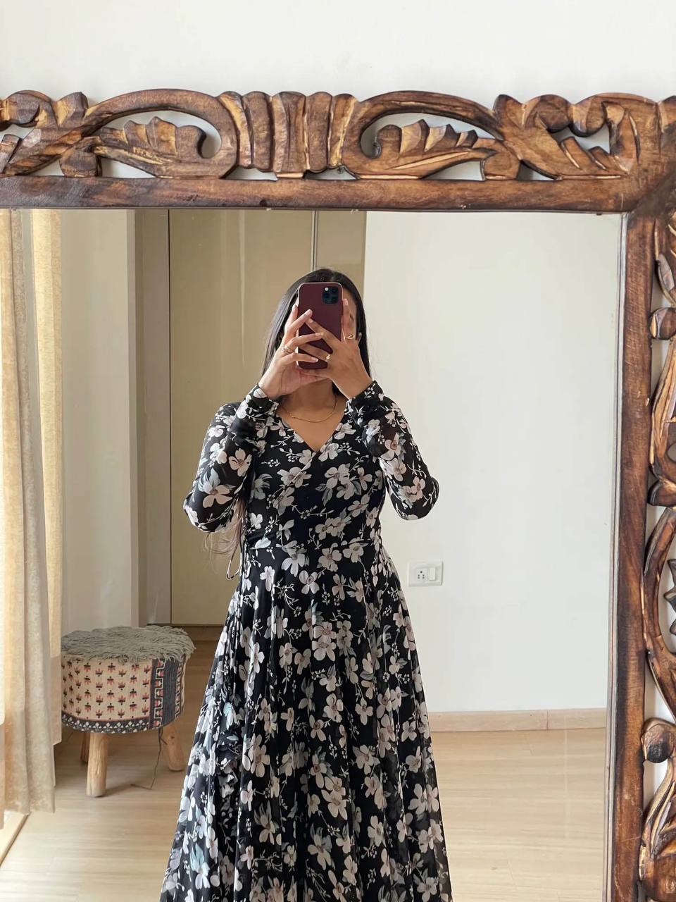 Beautiful Women Georgette Floral Printed V-Neck Anarkali Gown Dress For Girls & Women