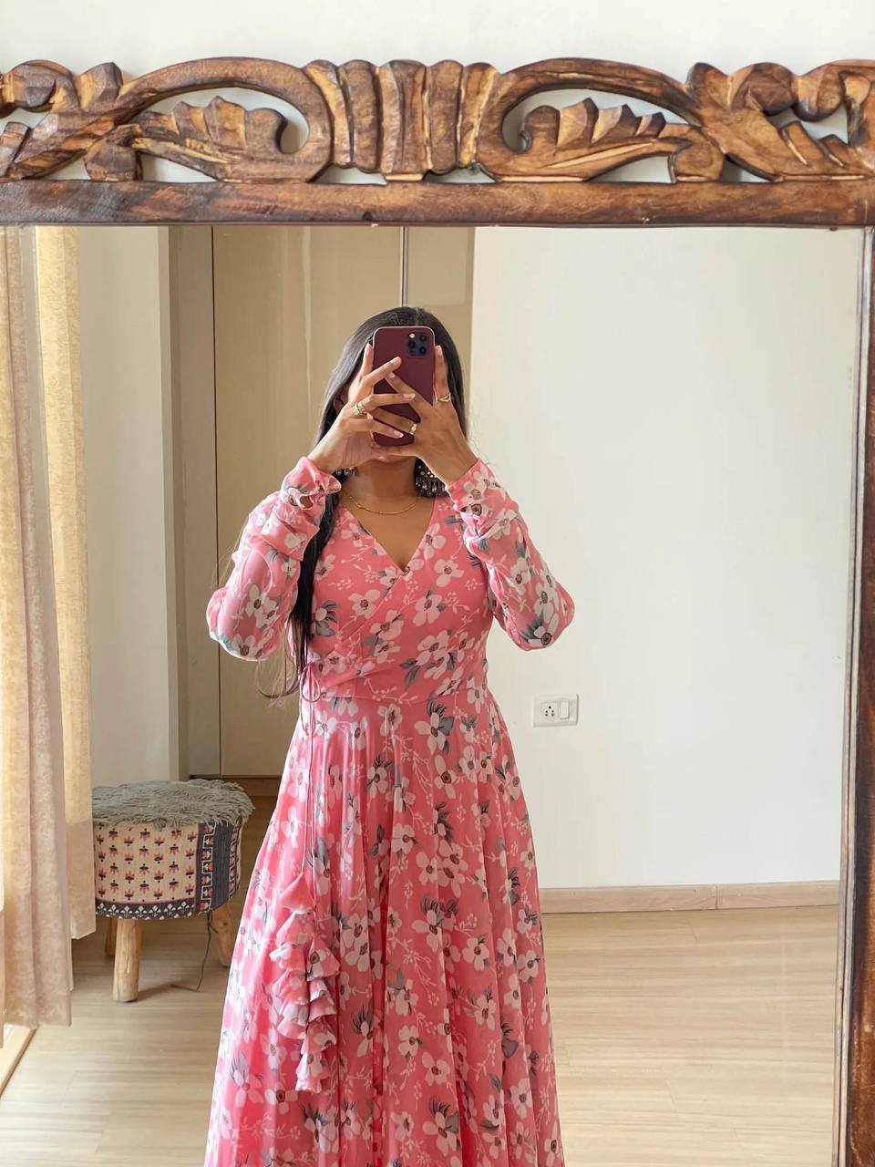 Beautiful Women Georgette Floral Printed V-Neck Anarkali Gown Dress For Girls & Women