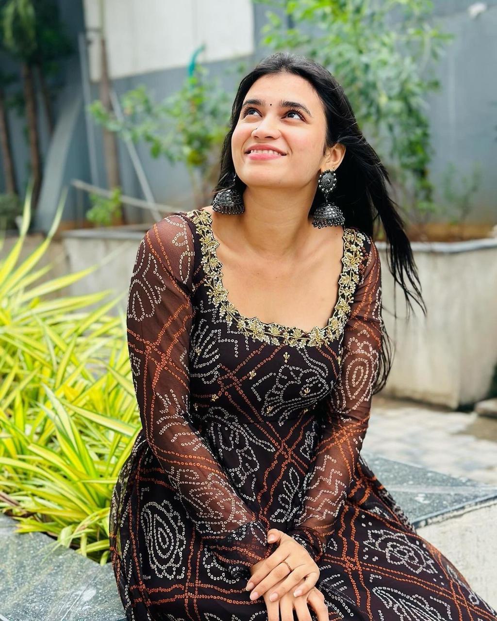Black Faux Georgette Digital Printed Bandhani Anakali Gown With Embroidery Work