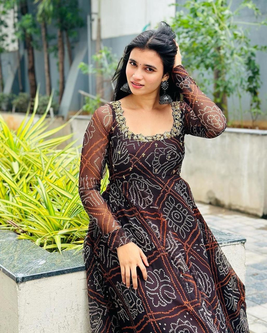 Black Faux Georgette Digital Printed Bandhani Anakali Gown With Embroidery Work