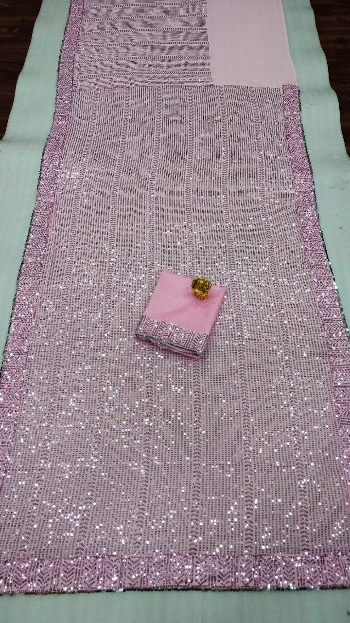 Baby Pink Georgette Sequence Embroidery Work Designer Beautiful Saree, Stunning Look Party Wear Saree With Silk Blouse