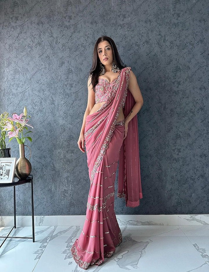 Pink Tranding Faux Georgette Sequence Work Saree With Fancy Thread Work