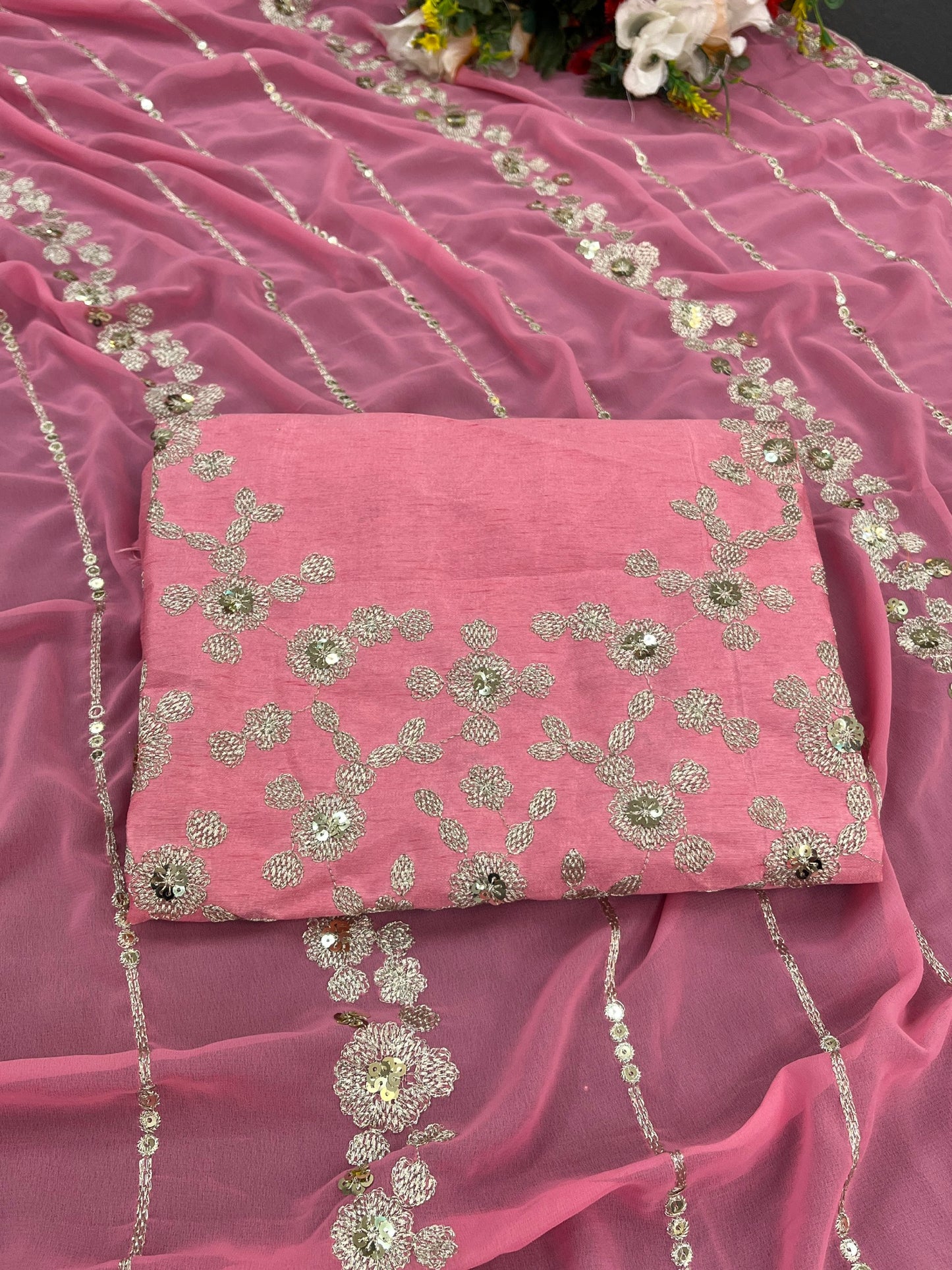 Pink Tranding Faux Georgette Sequence Work Saree With Fancy Thread Work