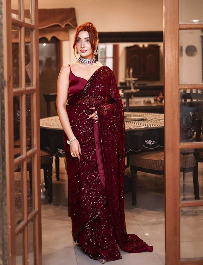 Maroon Heavy Designer Georgette Party Wear Saree With Heavy 3MM Sequance Embroidery Work Saree With Blouse