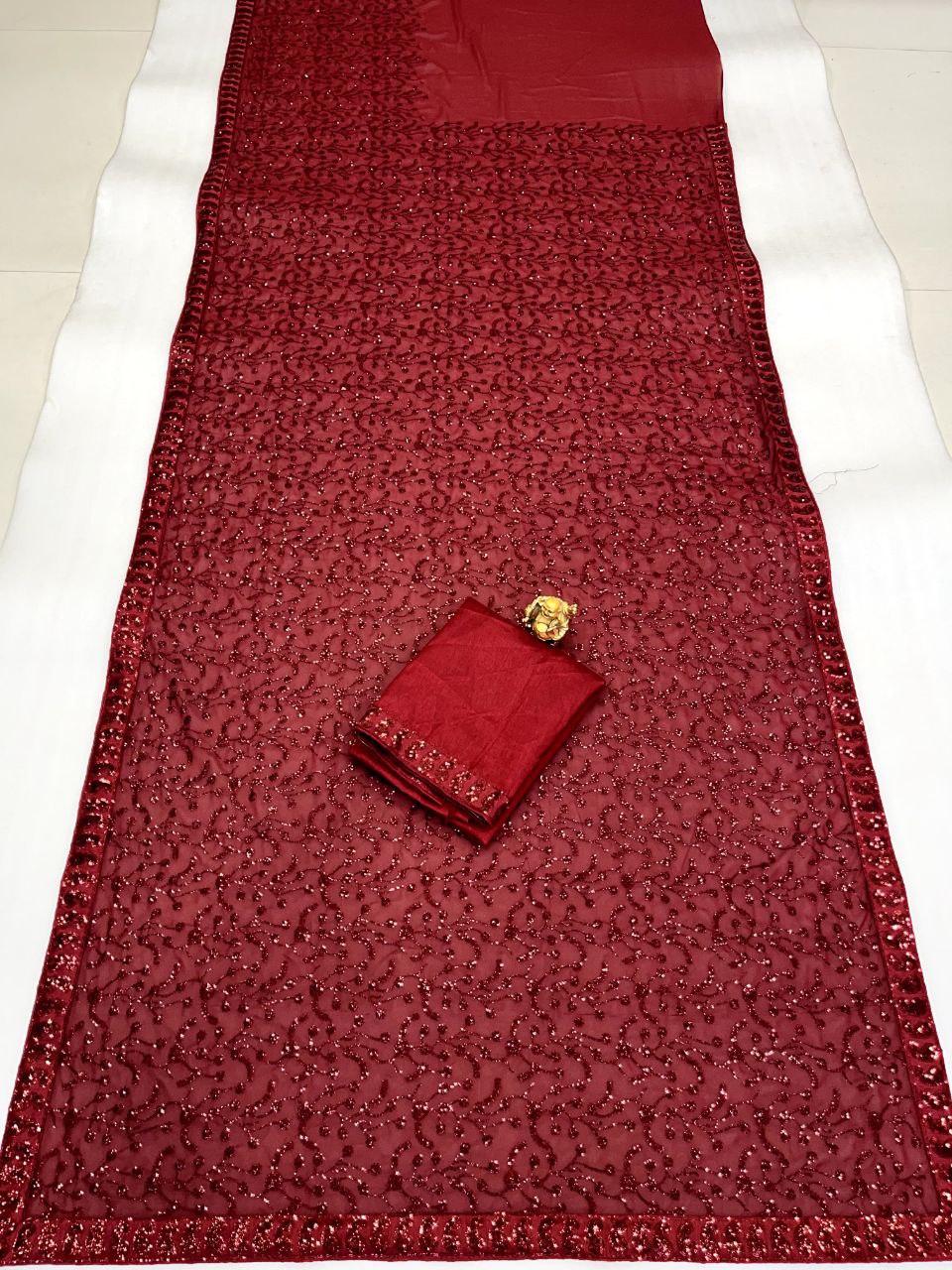 Maroon Heavy Designer Georgette Party Wear Saree With Heavy 3MM Sequance Embroidery Work Saree With Blouse