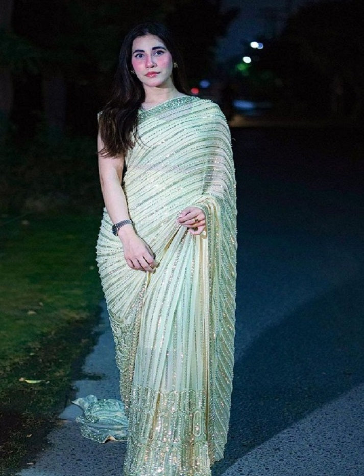 Pista Color Georgette Sequence Saree, Bollywood Style Wedding Party wear Saree Ready to wear Pre-stitch Saree