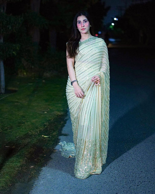 Pista Color Georgette Sequence Saree, Bollywood Style Wedding Party wear Saree Ready to wear Pre-stitch Saree