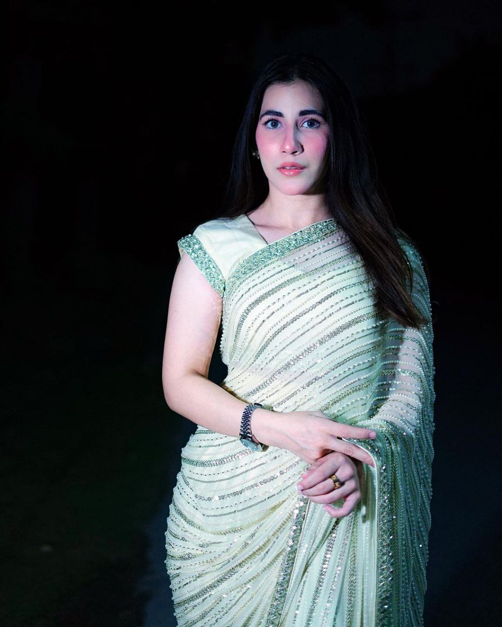 Pista Color Georgette Sequence Saree, Bollywood Style Wedding Party wear Saree Ready to wear Pre-stitch Saree