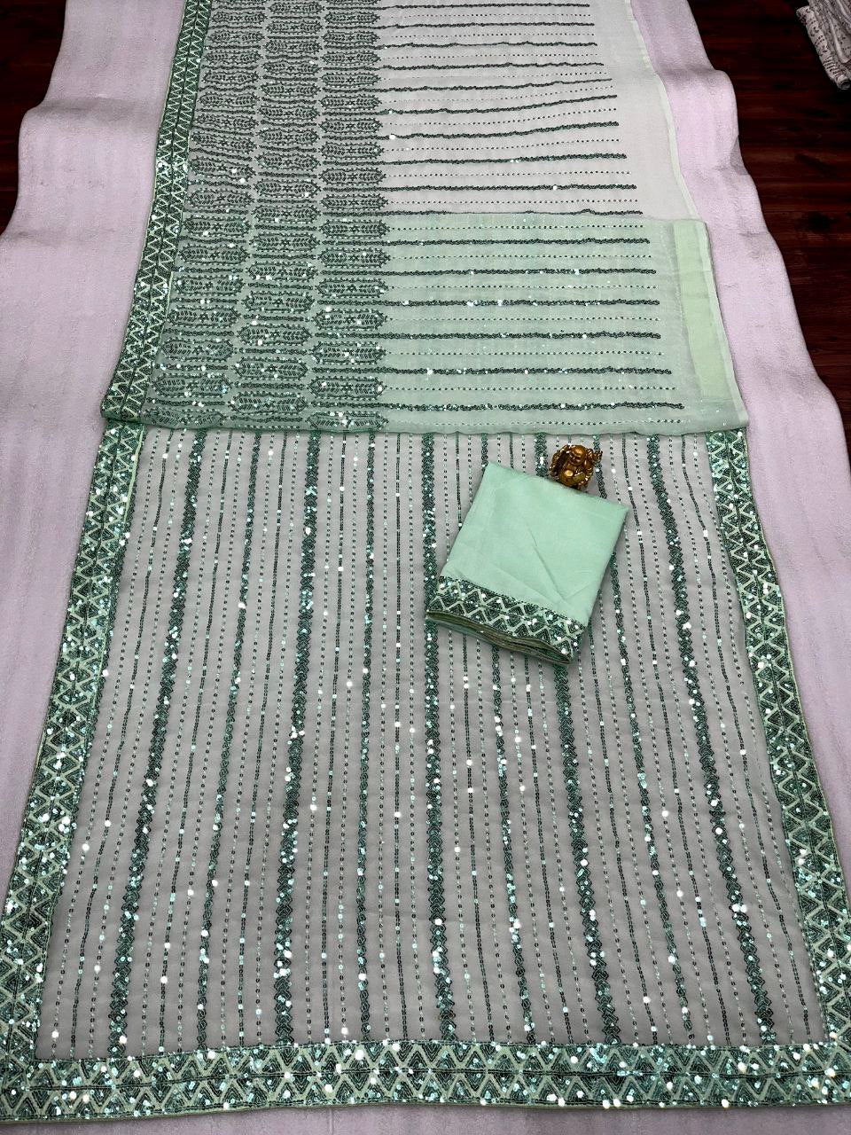 Pista Color Georgette Sequence Saree, Bollywood Style Wedding Party wear Saree Ready to wear Pre-stitch Saree