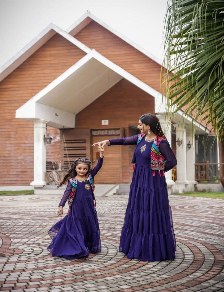 BLUE FUNCTION SPECIAL GEORGETTE DESIGNER MOTHER DAUGHTER GOWN COLLECTION AT BEST RATE
