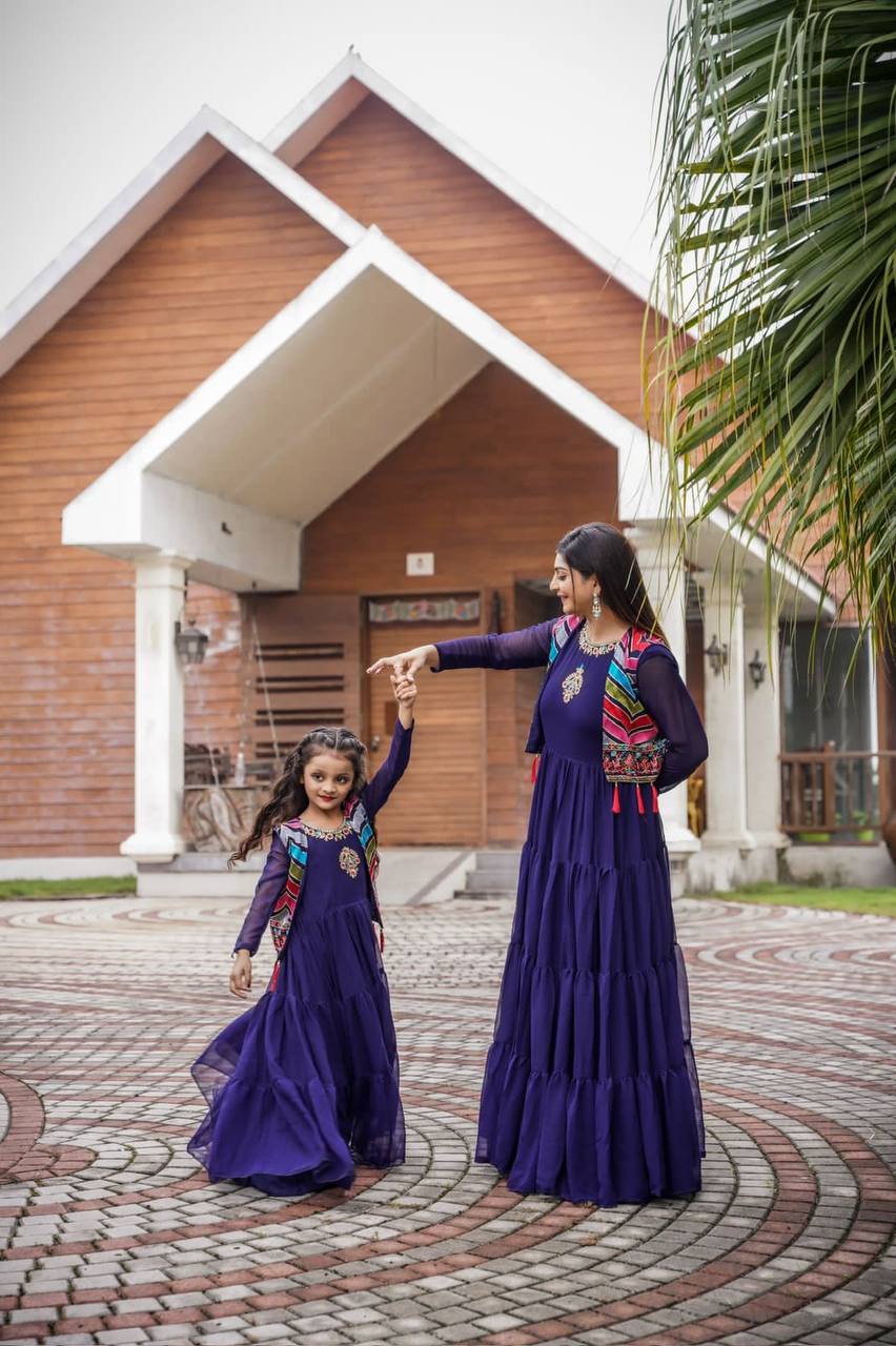 BLUE FUNCTION SPECIAL GEORGETTE DESIGNER MOTHER DAUGHTER GOWN COLLECTION AT BEST RATE