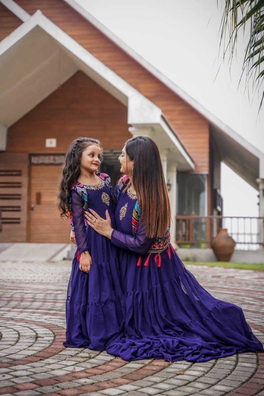 BLUE FUNCTION SPECIAL GEORGETTE DESIGNER MOTHER DAUGHTER GOWN COLLECTION AT BEST RATE