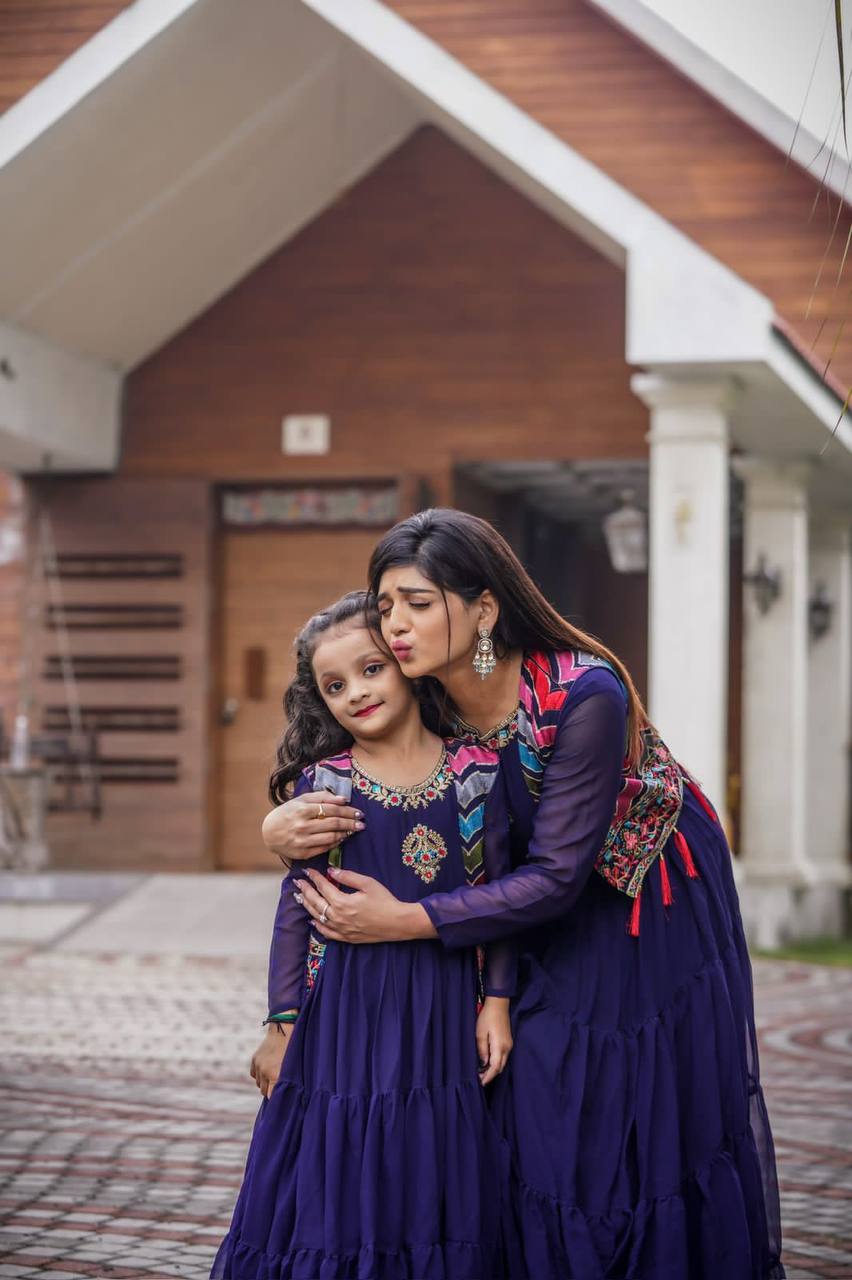 BLUE FUNCTION SPECIAL GEORGETTE DESIGNER MOTHER DAUGHTER GOWN COLLECTION AT BEST RATE