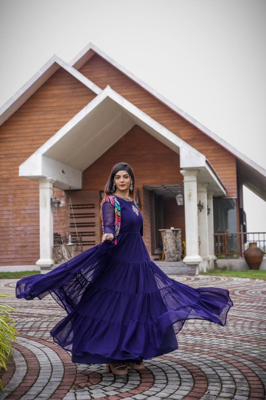 BLUE FUNCTION SPECIAL GEORGETTE DESIGNER MOTHER DAUGHTER GOWN COLLECTION AT BEST RATE