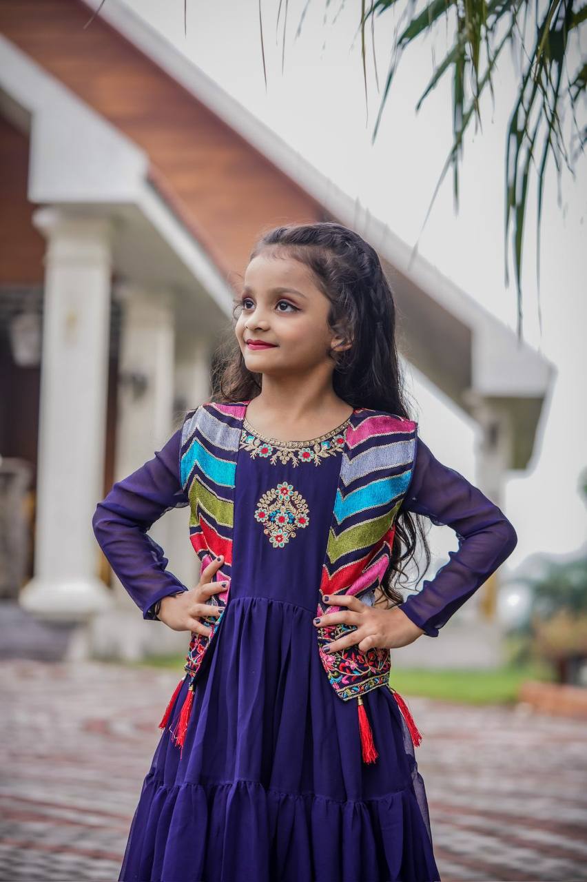 BLUE FUNCTION SPECIAL GEORGETTE DESIGNER MOTHER DAUGHTER GOWN COLLECTION AT BEST RATE