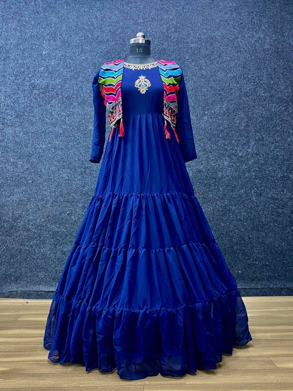 BLUE FUNCTION SPECIAL GEORGETTE DESIGNER MOTHER DAUGHTER GOWN COLLECTION AT BEST RATE