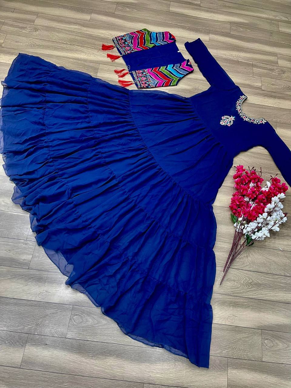 BLUE FUNCTION SPECIAL GEORGETTE DESIGNER MOTHER DAUGHTER GOWN COLLECTION AT BEST RATE