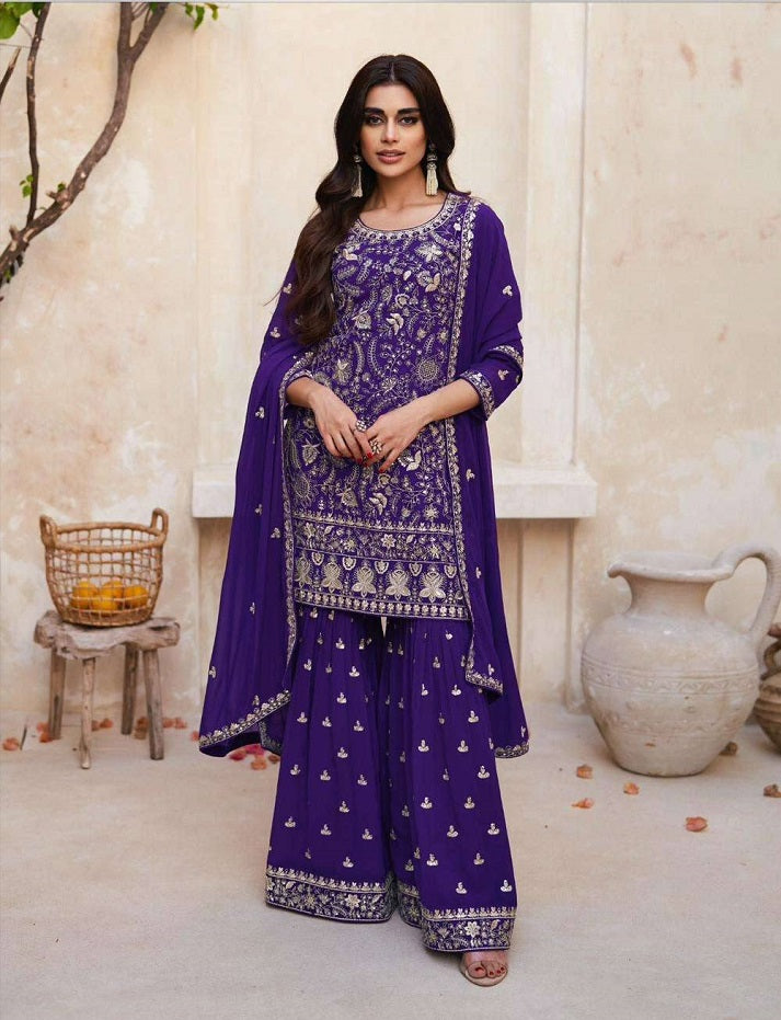 Purple Color Heavy Georgette Embroidered Work Sharara Suit For Womens