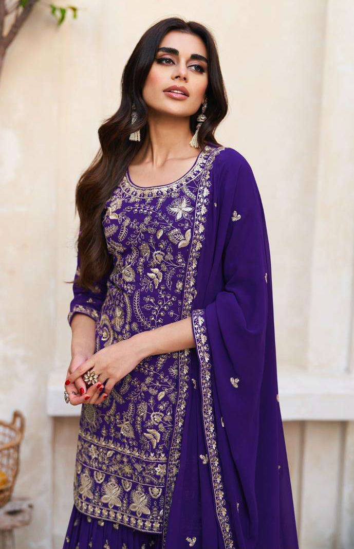 Purple Color Heavy Georgette Embroidered Work Sharara Suit For Womens