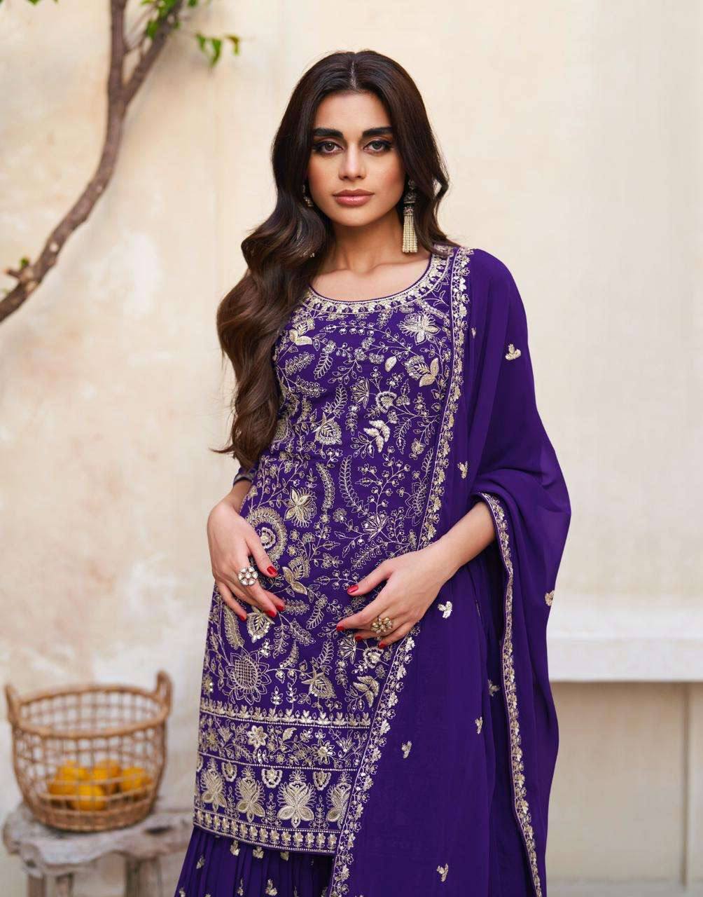 Purple Color Heavy Georgette Embroidered Work Sharara Suit For Womens