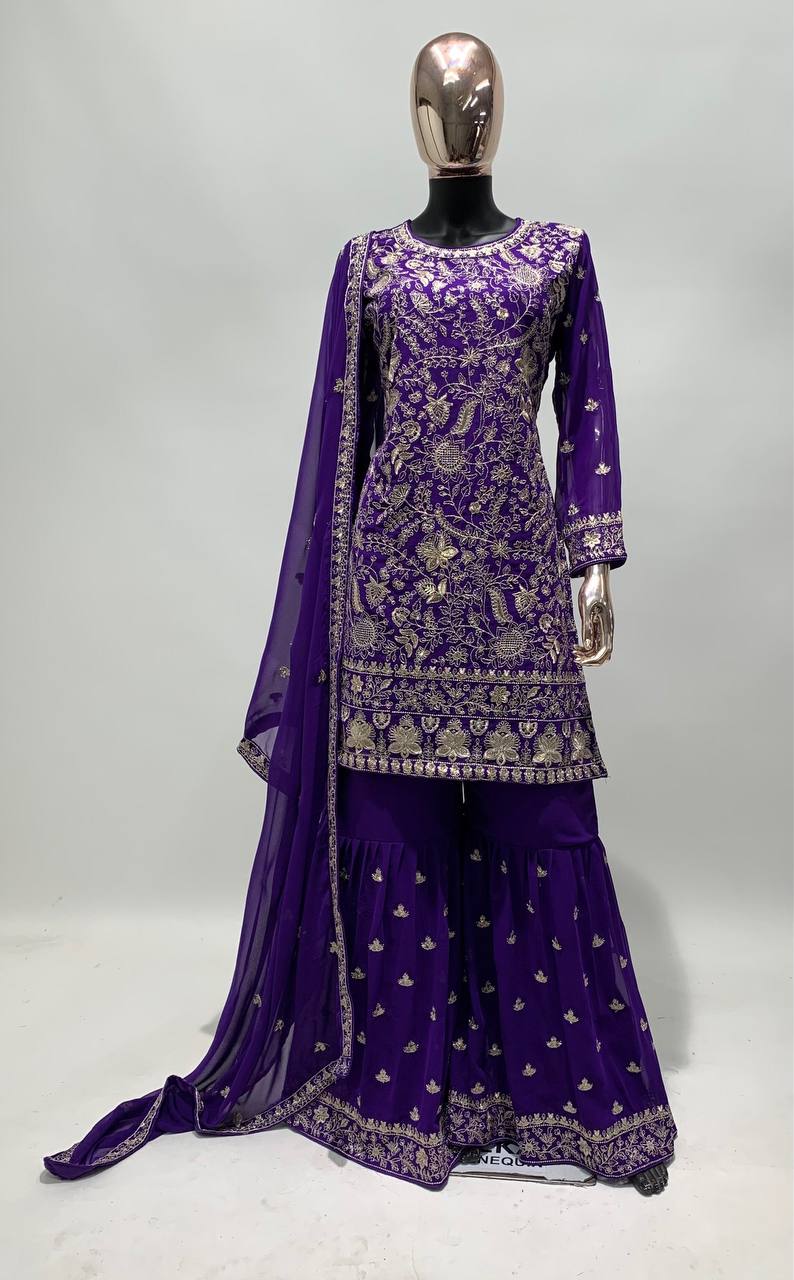 Purple Color Heavy Georgette Embroidered Work Sharara Suit For Womens