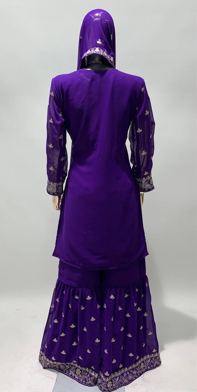 Purple Color Heavy Georgette Embroidered Work Sharara Suit For Womens