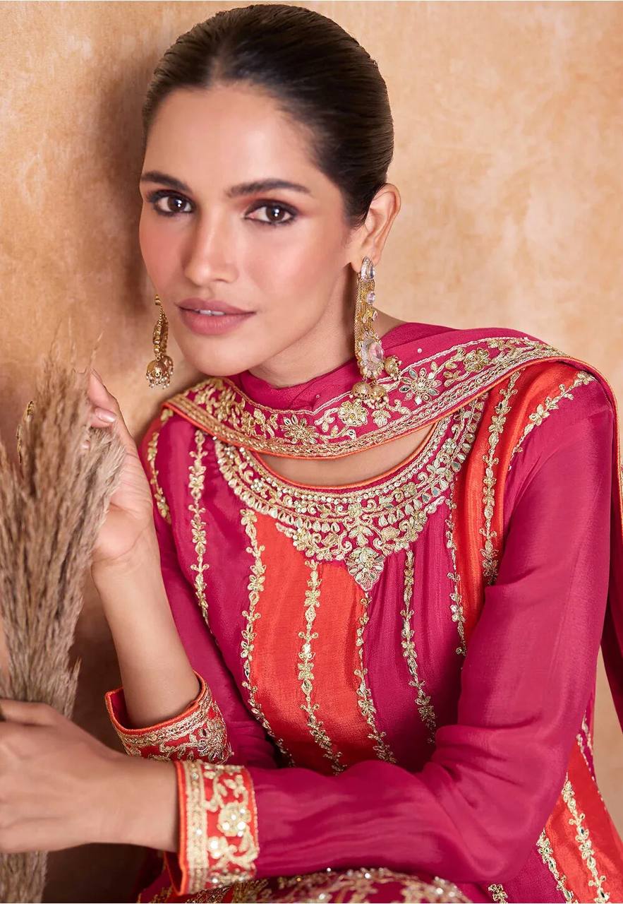 Pink Chinon Embroidered and Gota Palazzo Party Wear Suit