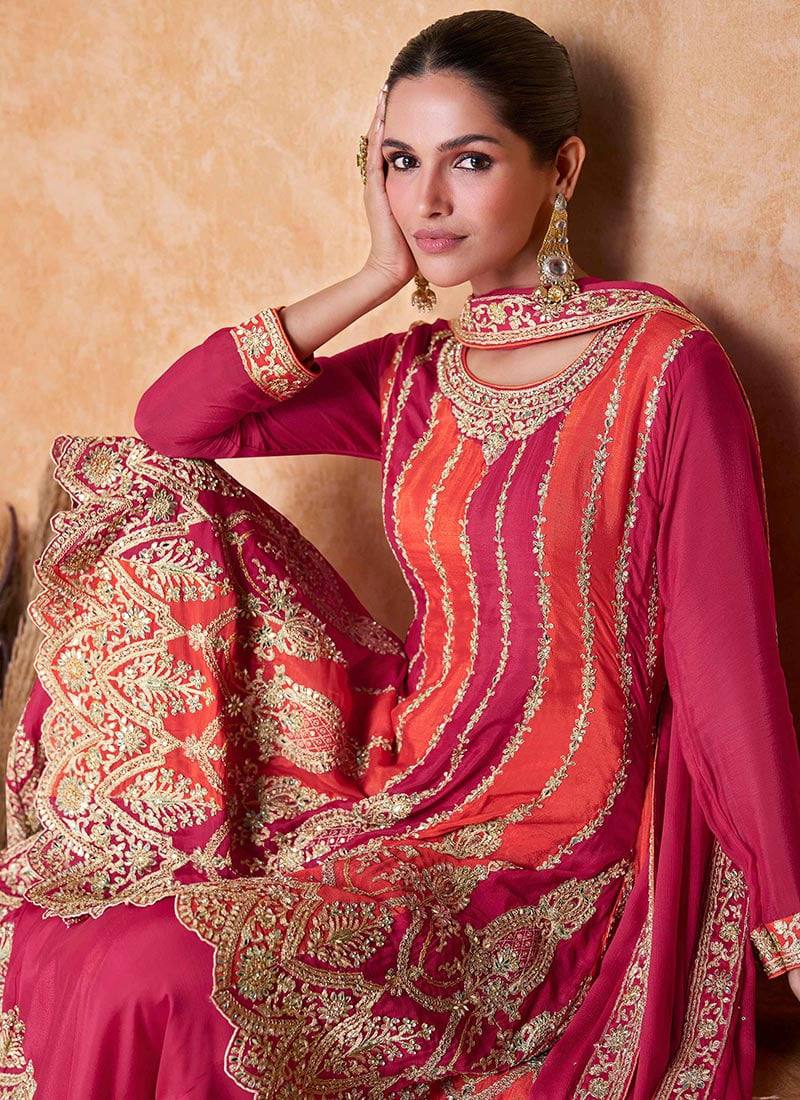 Pink Chinon Embroidered and Gota Palazzo Party Wear Suit