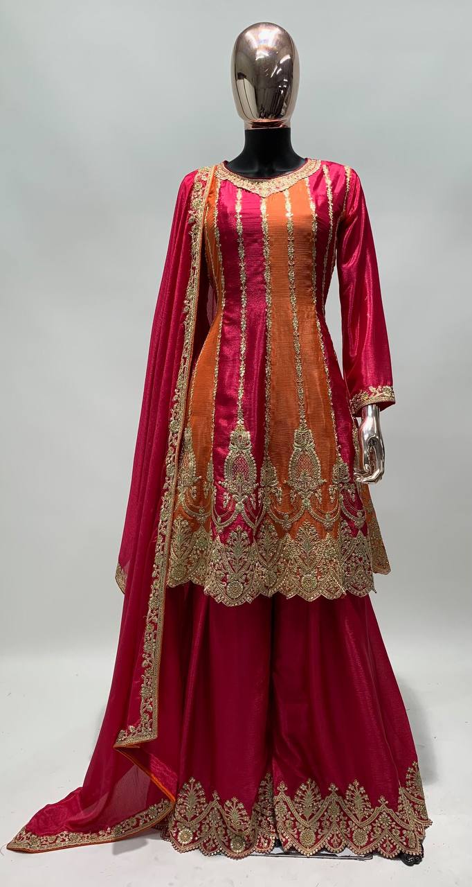 Pink Chinon Embroidered and Gota Palazzo Party Wear Suit