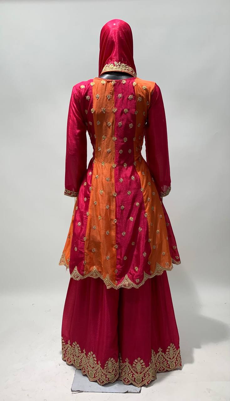 Pink Chinon Embroidered and Gota Palazzo Party Wear Suit