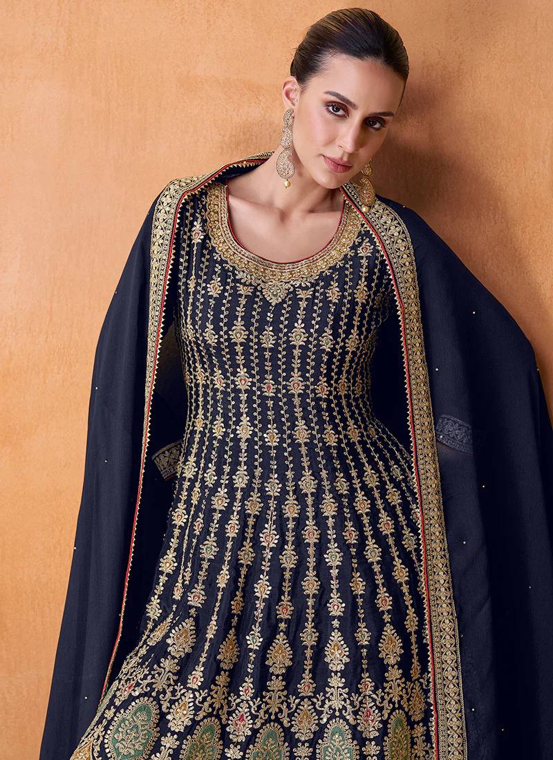 Navy Blue Women's Chinon Embroidery Work Readymade Wedding Wear Kurta Palazzo Set with Dupatta