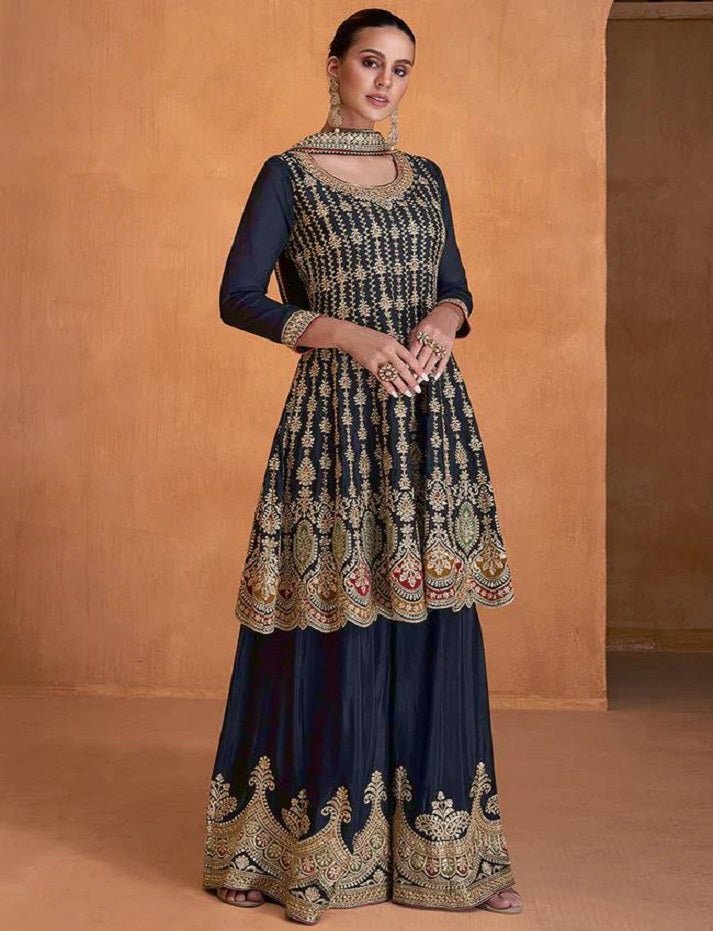 Navy Blue Women's Chinon Embroidery Work Readymade Wedding Wear Kurta Palazzo Set with Dupatta
