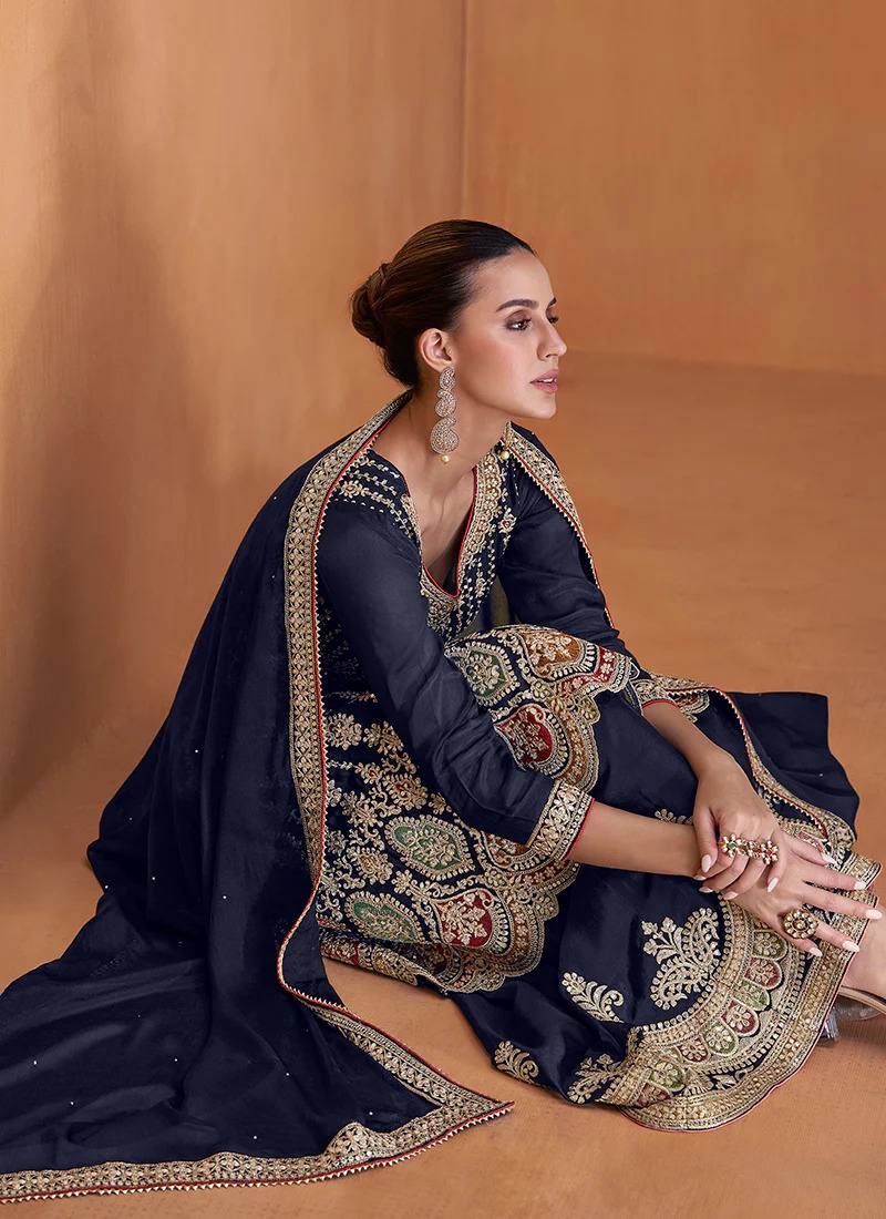 Navy Blue Women's Chinon Embroidery Work Readymade Wedding Wear Kurta Palazzo Set with Dupatta