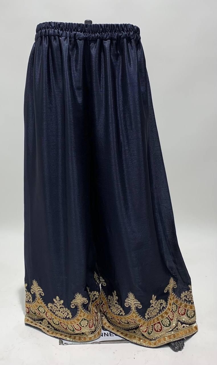 Navy Blue Women's Chinon Embroidery Work Readymade Wedding Wear Kurta Palazzo Set with Dupatta