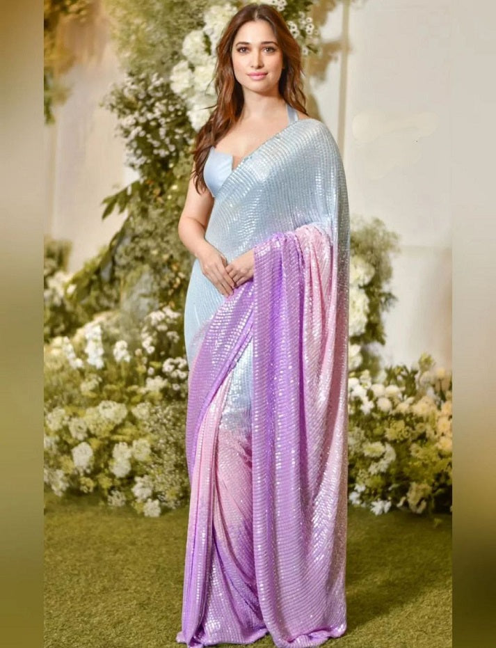 Faux Georgette 3 Colour Combination Sequins Work Party Wear Saree For Women's