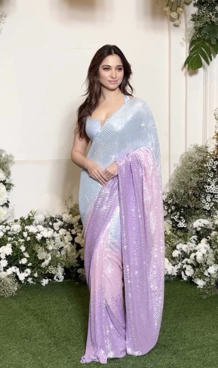 Faux Georgette 3 Colour Combination Sequins Work Party Wear Saree For Women's
