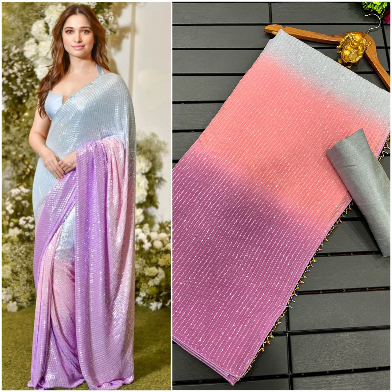 Faux Georgette 3 Colour Combination Sequins Work Party Wear Saree For Women's