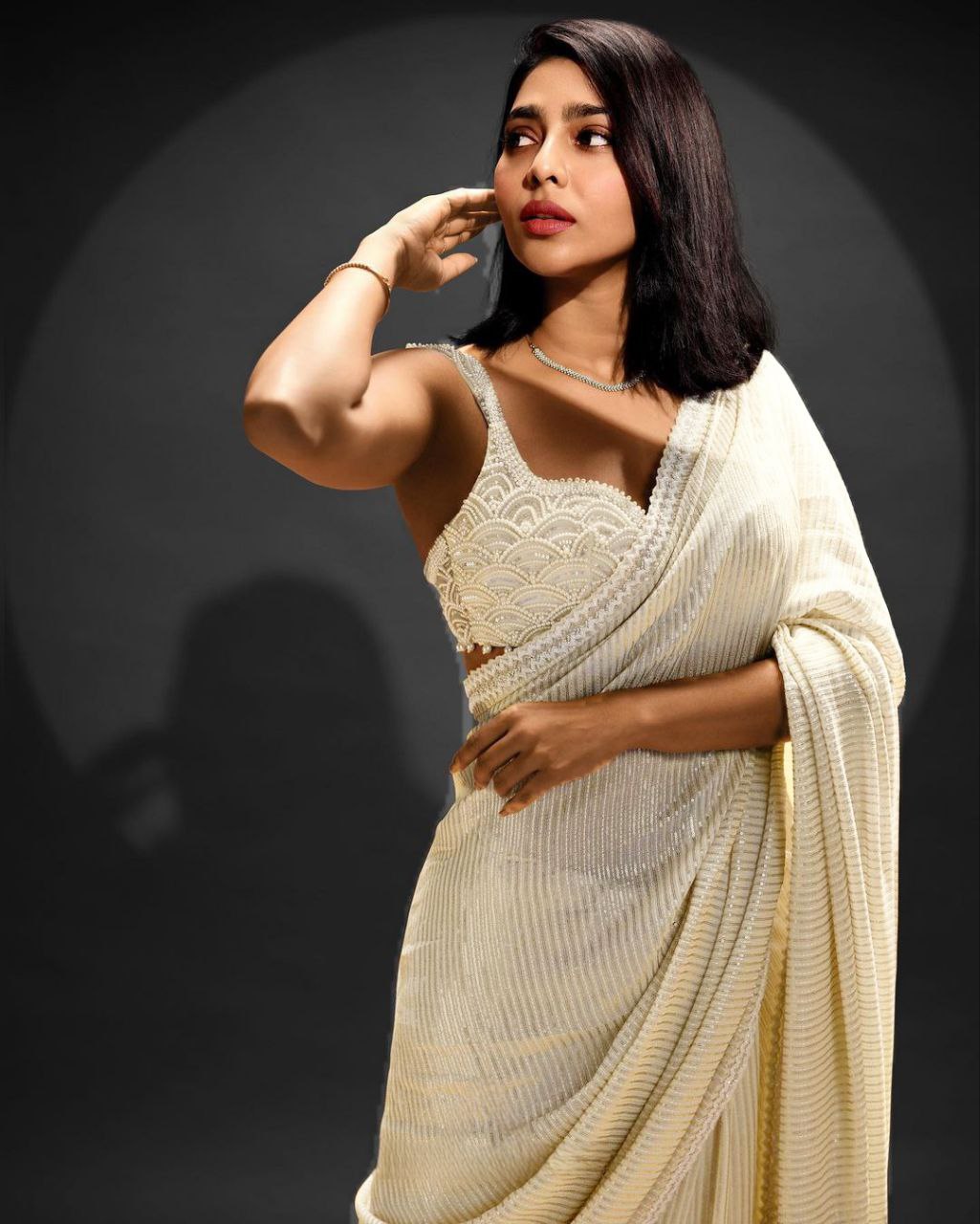 White Designer party wear bollywood indian style Reception wear fancy sequence work saree for women