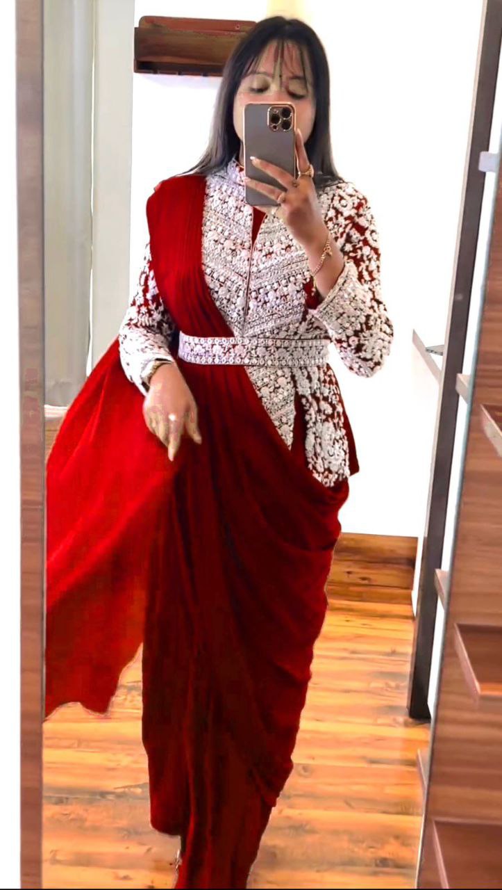 New Super Trending Embroidery cording work ready to wear saree with full koti