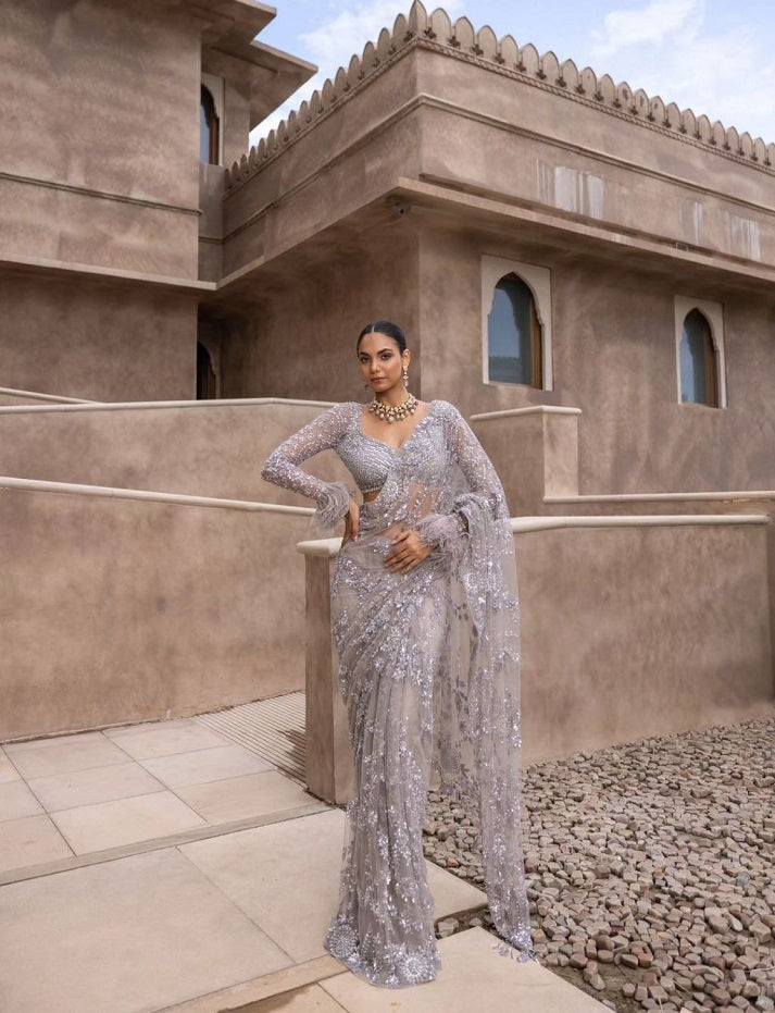 Grey Heavy Embroidery work Blouse Party Wear Saree With Sequins Work Blouse piece For Women And Girls