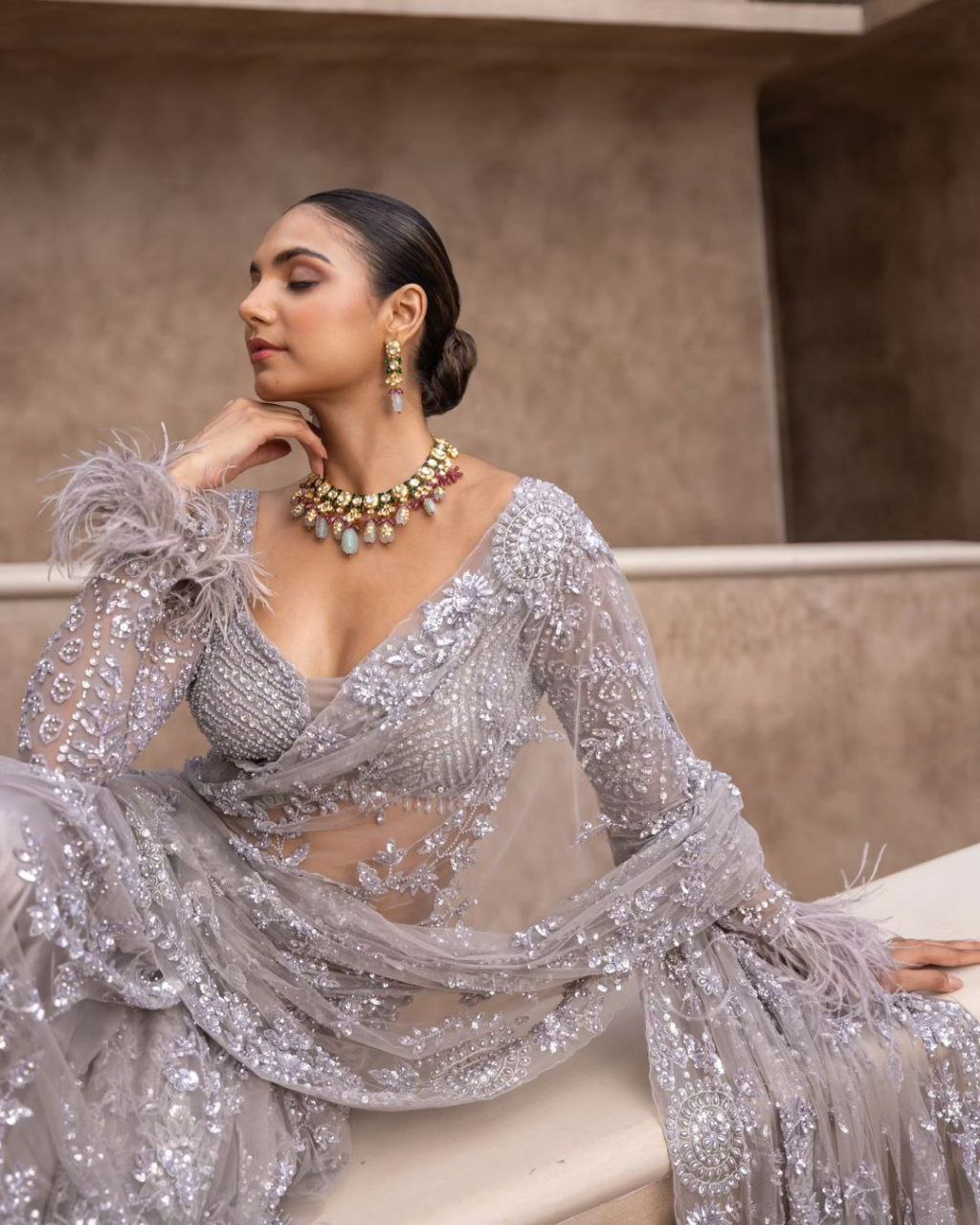 Grey Heavy Embroidery work Blouse Party Wear Saree With Sequins Work Blouse piece For Women And Girls