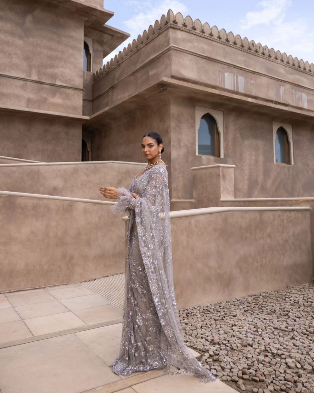 Grey Heavy Embroidery work Blouse Party Wear Saree With Sequins Work Blouse piece For Women And Girls